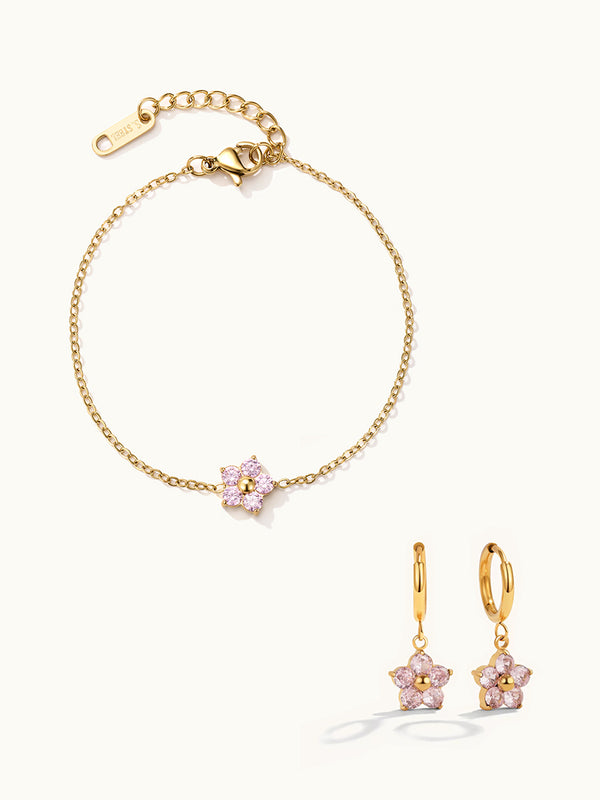 Single Pink Flower Zirkonia Armband & Hoop Ohrringe Set