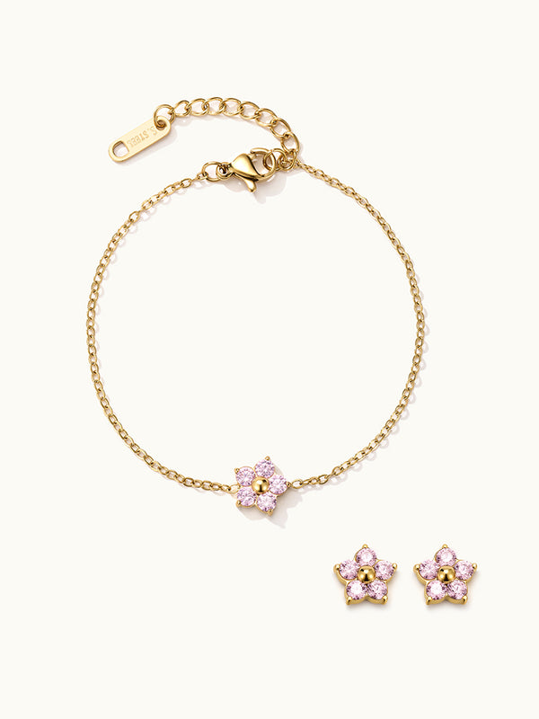 Single Pink Flower Zirkonia Armband & Pink Studs Set