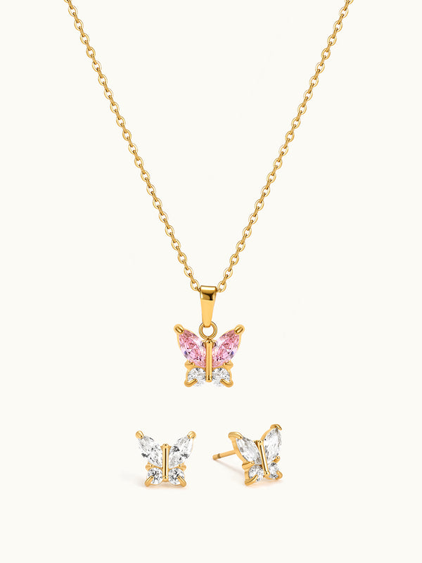 Pink Butterfly Kette & Stud Ohrringe Set