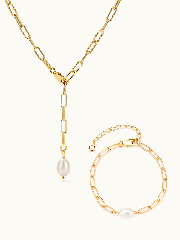 Paperclip Pearl Y Kette & Single Pearl Armband Set