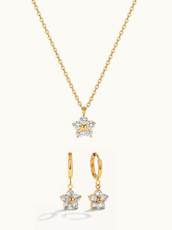 Zirkon Flower Pendant Kette & Hoop Ohrringe Set