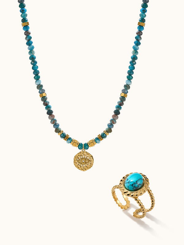 Boho Blue Beaded Gold Evil Eye Kette & Oval Turquoise Ring Set