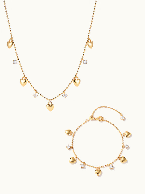 Puffy Heart Dangle Kette & Armband Set